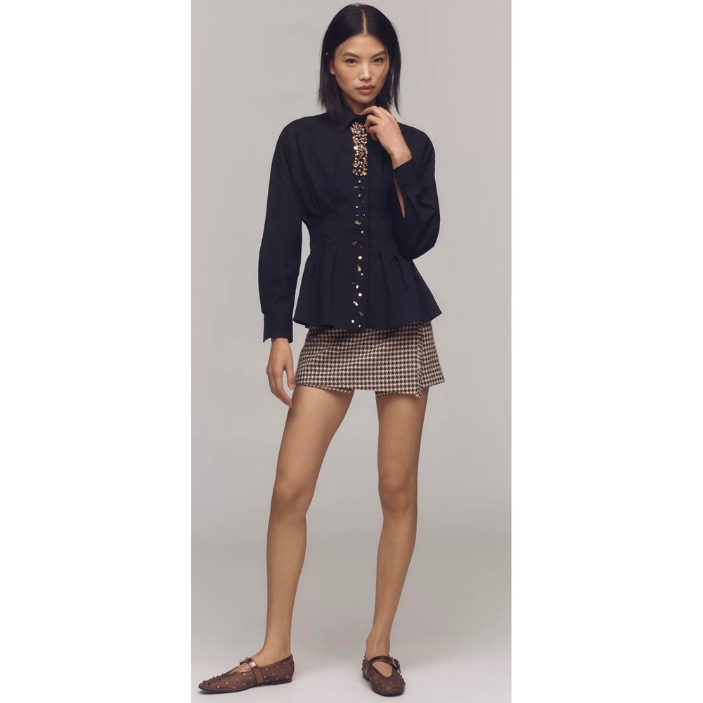 Exquise Tobie Pleated Blouse Long-Sleeve Embellished Black Sequin Peplum XXS NWT